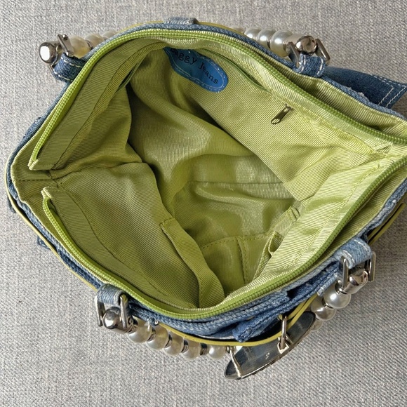 Fun Cute Denim purse with green belt and pearl handle - Picture 7 of 9